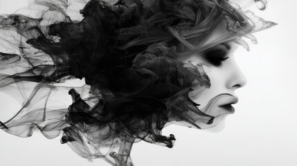 Fototapeta premium A stunning black and white portrait featuring a profile of a woman's face intertwined with swirling smoke, perfect for themes of mystery, creativity, or fashion in advertising and artistic projects,