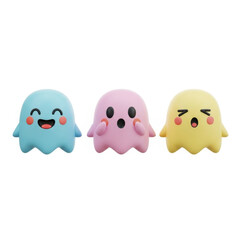 Three colorful ghost characters with different facial expressions on a white background