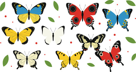 Colorful butterfly vector illustration set with detailed wings flying insects leaves and decorative nature elements © sahajahan