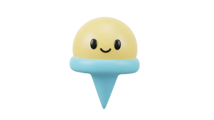 A smiling cartoon character with a yellow head and blue base sits on a white background.