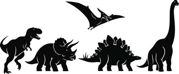 Fototapeta premium A black silhouette pack of various dinosaurs including a T-Rex, Triceratops, Stegosaurus, Pteranodon, and Giraffatitan on a white background. Great for educational materials, presentations,