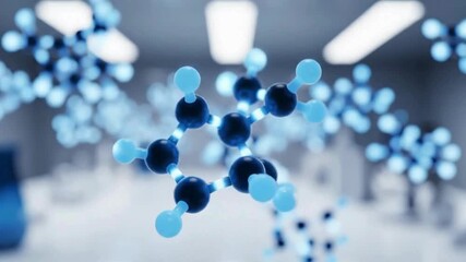 Microscopic view of vibrant blue glowing molecules structure symbolizing advanced chemistry science and pharmaceutical research development
