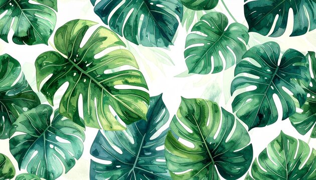 seamless watercolor jungle leaves pattern, exotic nature wallpaper, tropical monster 