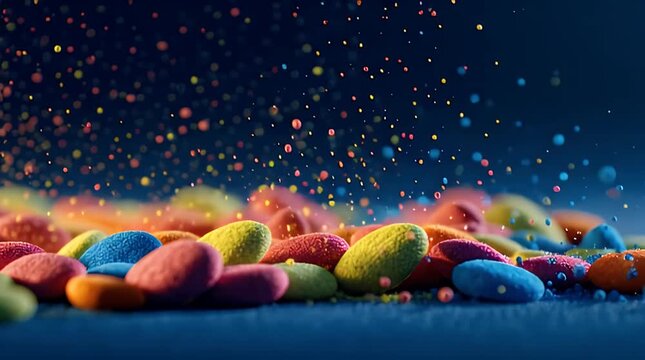 Colorful textured bean-shaped objects with vibrant sprinkles against a deep blue background