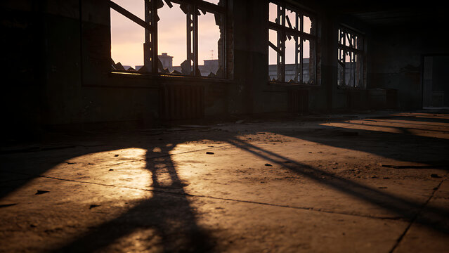 oligarchy. Urban ruin at dusk with soft light through a broken window onto a dusty floor. real-estate listings.
