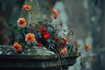 Vibrant roses and delicate berries create a poignant tribute atop a time worn gravestone, capturing the bittersweet beauty of remembrance in a serene cemetery setting
