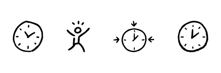 Clocks And Stick Figure Line Icon Set In Doodle Style. Time Management, Stress Relief, And Productivity Outline Sketch Collection. Hand Drawn Isolated Vector Illustration