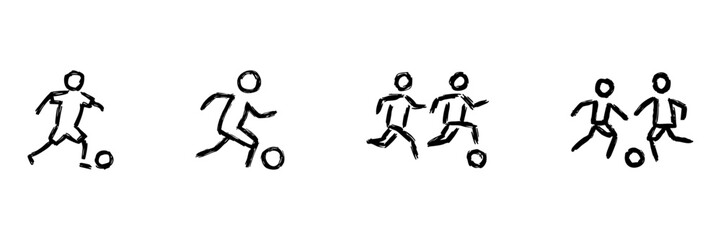 Soccer Players Dribbling Line Icon Set In Doodle Style. Football Action, Teamwork, And Sportsmanship Outline Sketch Collection. Hand Drawn Isolated Vector Illustration
