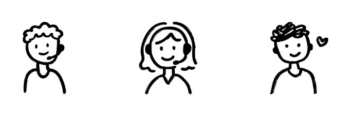 Customer Service Representatives Line Icon Set In Doodle Style. Call Center Support And Communication Outline Sketch Collection. Customer Care. Hand Drawn Isolated Vector Illustration