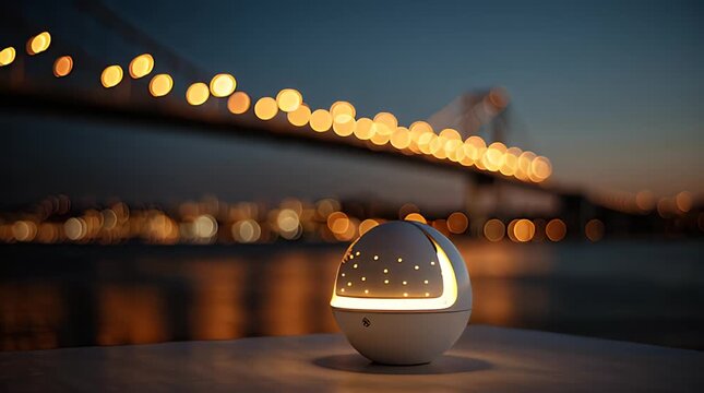 Spherical lamp with glowing pinholes, atop a surface at twilight, bridge lights in background blur