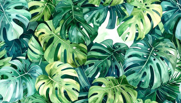 seamless watercolor jungle leaves pattern, exotic nature wallpaper, tropical monster 