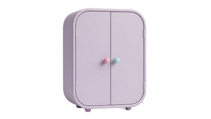 Modern lavender cabinet with rounded edges and pastel knobs on a white background viewed from the front