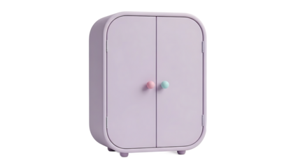 Modern lavender cabinet with rounded edges and pastel knobs on a white background viewed from the front