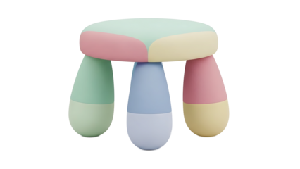 A colorful stool with pastel legs and seat sits on a plain white background indoors.