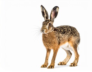 Photo of a forest hare isolated on a white background. Wild mammal, ideal for wildlife, nature, and animal photography projects