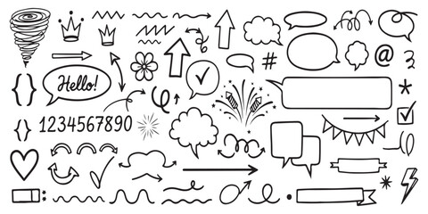 A diverse collection of hand drawn doodles, arrows, speech bubbles, and graphic elements