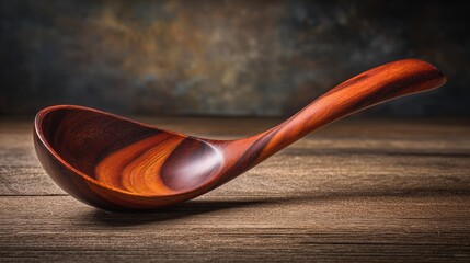 A beautifully crafted wooden ladle rests on a rustic wooden table, showcasing its elegant curves and rich texture, Ideal for culinary, kitchen decor, or artisanal product promotions,