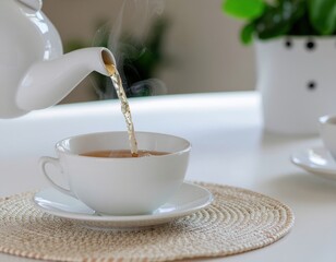 Pouring hot tea into ceramic cup on minimal table, cozy beverage still life