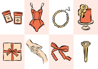 Whimsical wedding and love doodle collection. Art for greeting card, logo design, brand identity, packaging design.