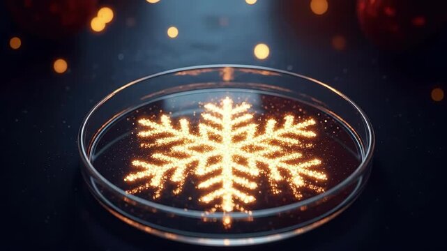 Glowing snowflake illustration made of golden particles in a petri dish. Winter holiday science and advanced technology concept for Christmas.