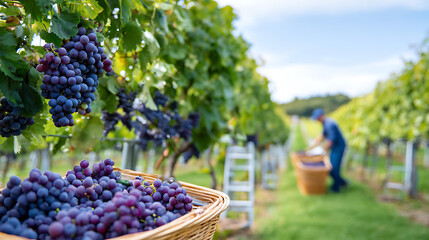 Freshly harvested purple grapes in a vineyard, grape picker at work in the background under sunny weather. Concept of winemaking and agriculture.
