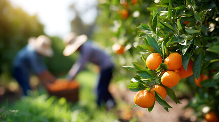 Farmers harvest fresh ripe tangerines in a sunny garden. Pay attention to the orange fruits hanging from the branches of the trees. Agricultural work and the concept of healthy organic food.