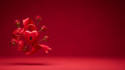 Red heart shaped lock with key and roses on red background