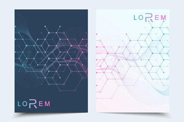 Modern templates for brochure magazine leaflet flyer cover booklet annual report. Modern futuristic hexagonal pattern with particle, molecule structure for medical, technology, chemistry, science.