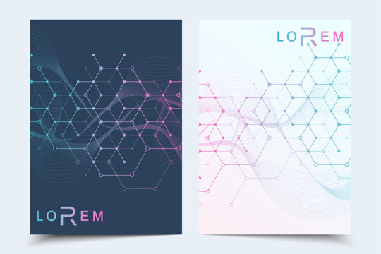 Modern templates for brochure magazine leaflet flyer cover booklet annual report. Modern futuristic hexagonal pattern with particle, molecule structure for medical, technology, chemistry, science.