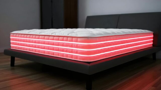Red light therapy mattress for sleep recovery, LED bed with photobiomodulation PBM, red light sleep technology for pain relief, muscle recovery, circulation support, cellular regeneration