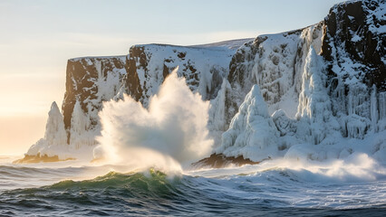 Dramatic ocean waves crashing against snow and ice covered cliffs under a bright sky with sun illuminating sea spray and a powerful winter coastal landscape scene