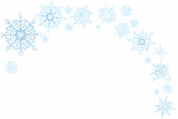 A delicate arc of light blue snowflakes against a clean white background