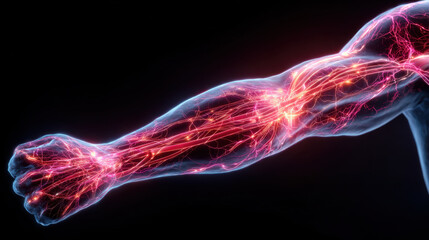 Human circulatory system showing veins and arteries running through arm and hand
