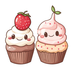 Kawaii Cupcake and Sweet Dessert Friends Clipart Set PNG, Transparent Background	