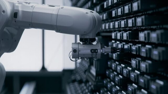 In a Futuristic Data Center Automated Industrial Robotic Arm is Moving and Swaping Hard Drives with Training Data and Datasets that Powers Massive AI Models and LLM. Cloud Computing and Processing Con