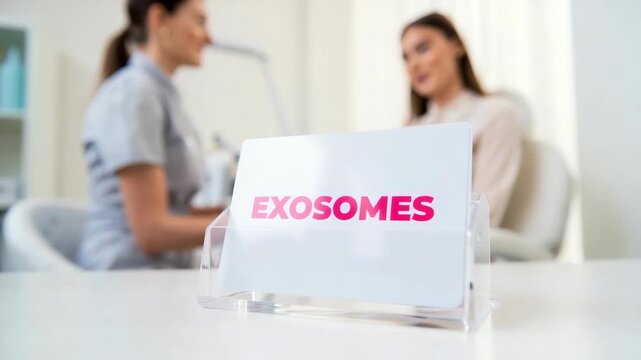 Exosomes sign on aesthetic clinic table representing cutting-edge regenerative skincare, exosome therapy, cellular communication, anti-aging innovations in modern aesthetic medicine