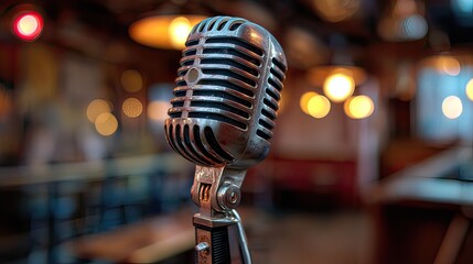 Vintage microphone in a lively entertainment venue with blurred background lights