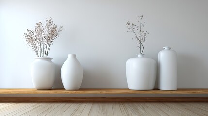 Elegant white vases on wooden shelf against plain wall