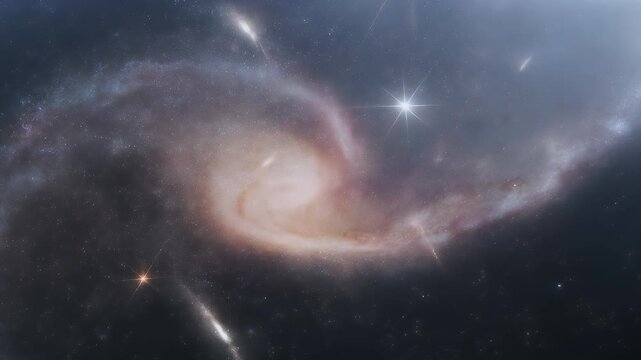 A celestial scene of spiral galaxies, a grand cosmic display. Illuminated by bright stars against a dark, star-filled canvas of space