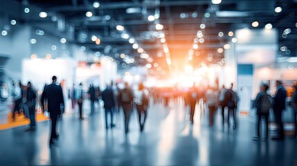 Crowd of people walking through a large exhibition hall with bright lights