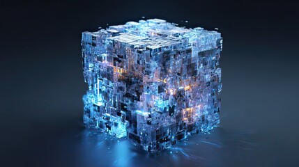 Glowing blue cube with intricate circuit board design and bright lights