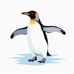 Fototapeta premium A vibrant cartoon illustration of a king penguin standing on a small patch of ice with its flippers slightly spread.