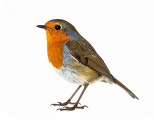 Photo of a European robin isolated on a white background. Small forest bird with orange-red breast, ideal for wildlife and nature photography