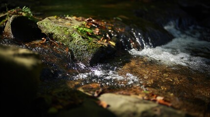dappled. Forest stream water flowing around a mossy rock, creating whirlpools in sunlight. travel magazines, destination branding, designed for outdoor magazines and nature guides.