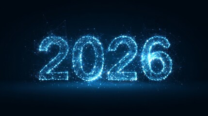 Blue digital 2026 futuristic design with glowing network lines and points, abstract technology concept for new year.