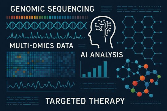 Visual elements show genomic sequencing, multi-omics data, and AI analysis related to targeted therapy and research advancements.