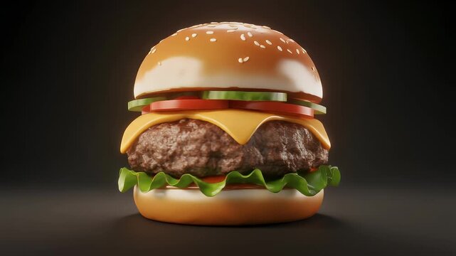 A close-up rendering of a hamburger. The burger has a toasted sesame seed bun, a beef patty, cheese, tomato, lettuce, and cucumber