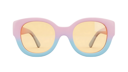 A pair of stylish sunglasses with pink and blue frames and yellow lenses are shown.
