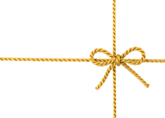 Golden rope string with knotted bow in corner against white or transparent background.