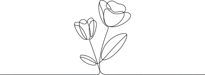 A continuous line drawing portrays two blooming flowers with stems and leaves
